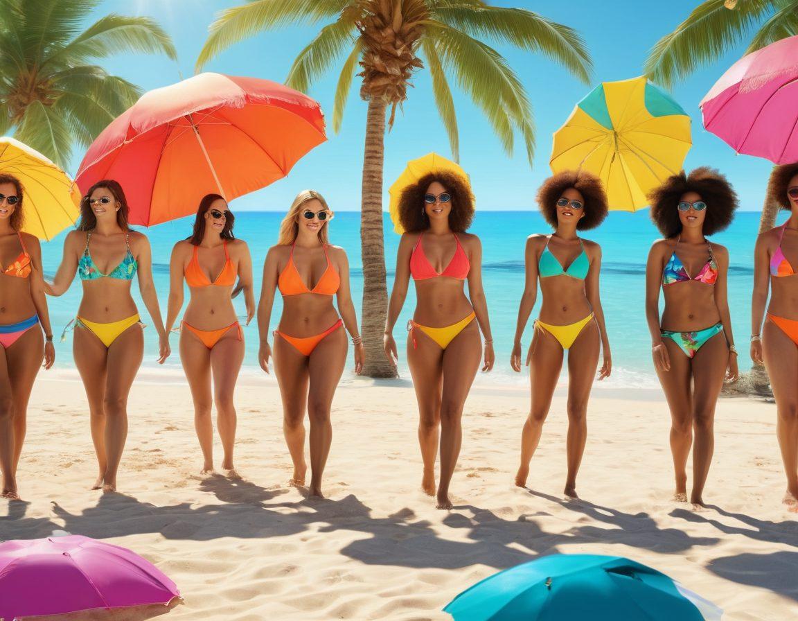A vibrant beach scene featuring a diverse group of people trying on colorful swimwear, surrounded by summer palm trees and sun umbrellas. Include a measuring tape, sunglasses, and a beach ball to signify the process of finding the perfect fit. Bright, sunny skies and a clear ocean in the background to evoke a cheerful summer vibe. super-realistic. vibrant colors. 3D.